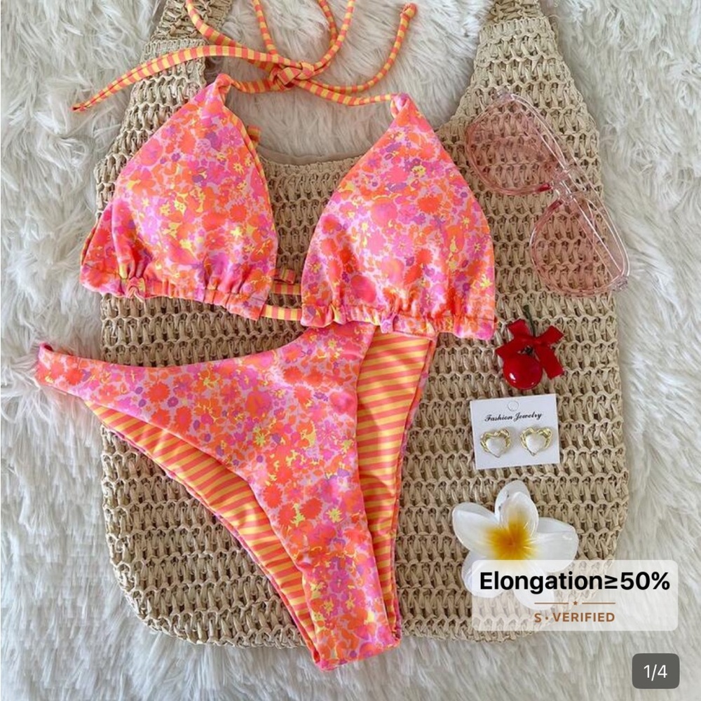 Vibrant Pink Orange Floral Triangle Bikini Set